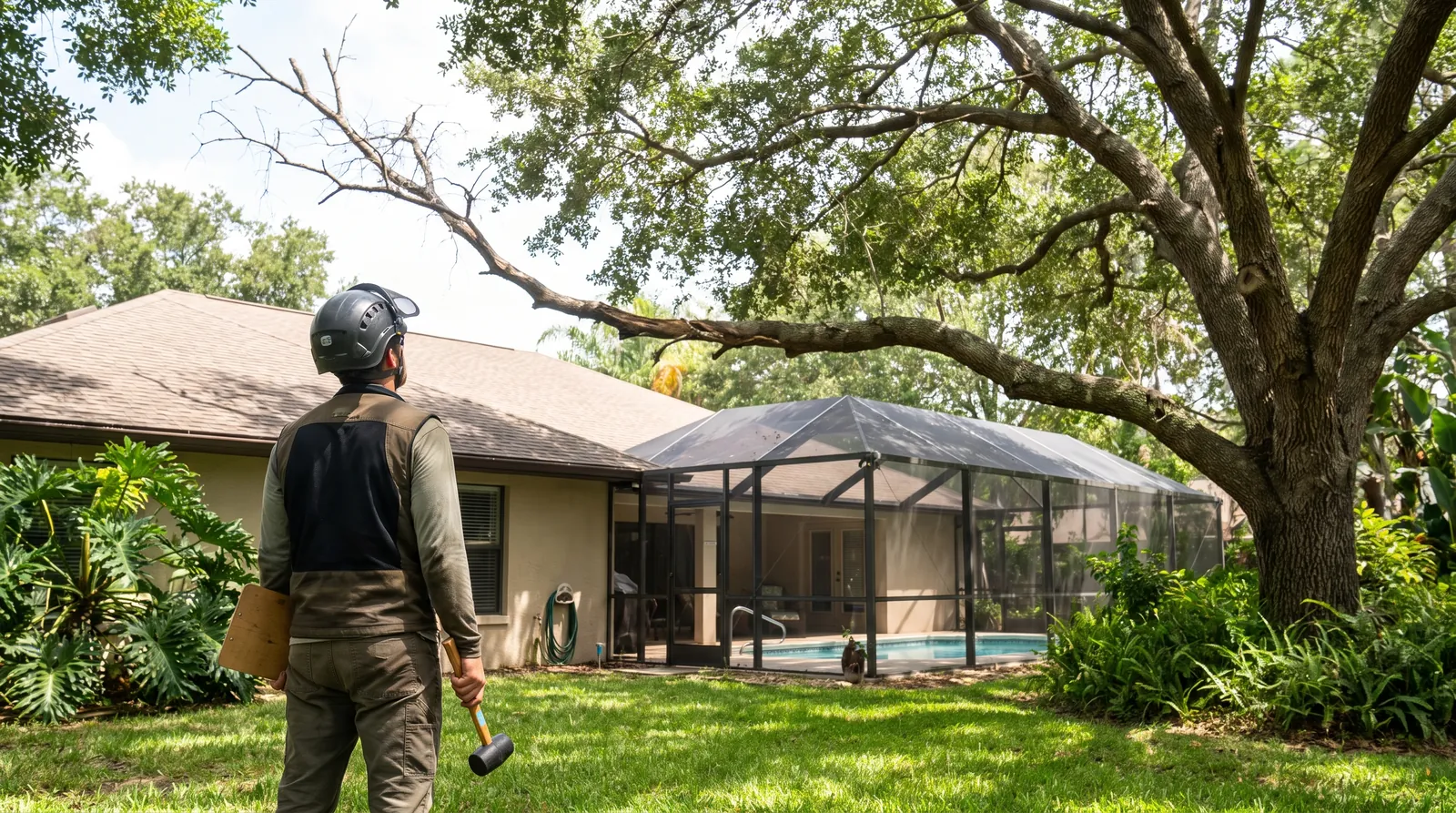 Arborist inspecting a dead limb over a roof in a Palm Coast backyard