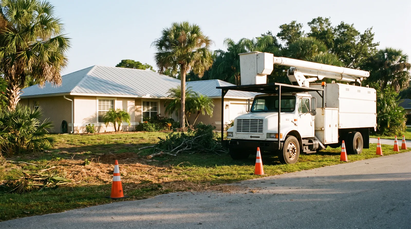 Bucket truck and chip truck parked in front of a Florida home with sabal palms