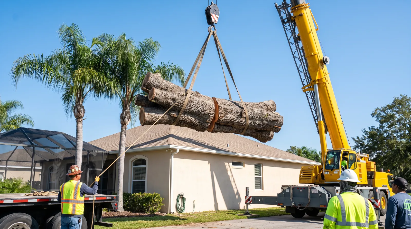 Crane lifting a sectioned oak trunk over a Palm Coast home during a tree removal