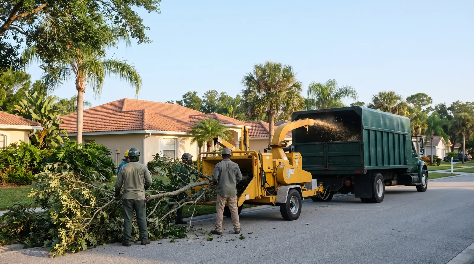 Tree crew feeding oak limbs into a chipper on a quiet Palm Coast street