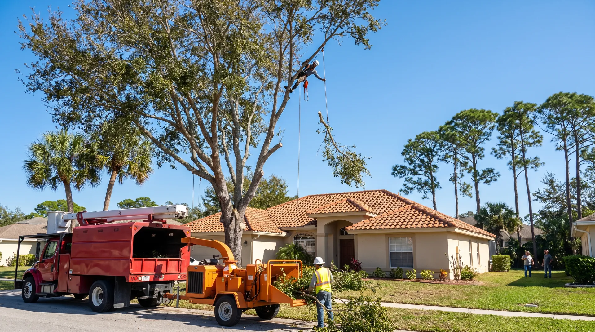 Tree crew taking down a dying laurel oak beside a tile-roof home in Palm Coast, FL