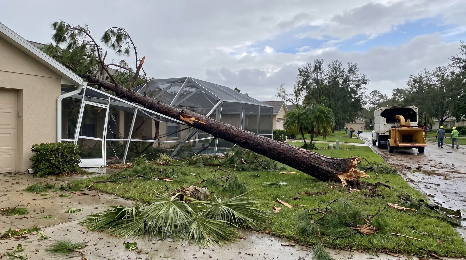 Slash pine snapped across a screened pool enclosure after a hurricane in Palm Coast