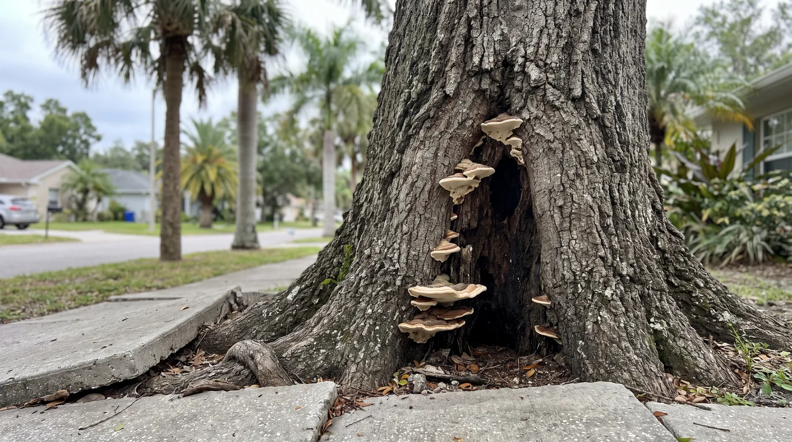 Decayed cavity and fungus at the base of an old laurel oak with a root-lifted sidewalk