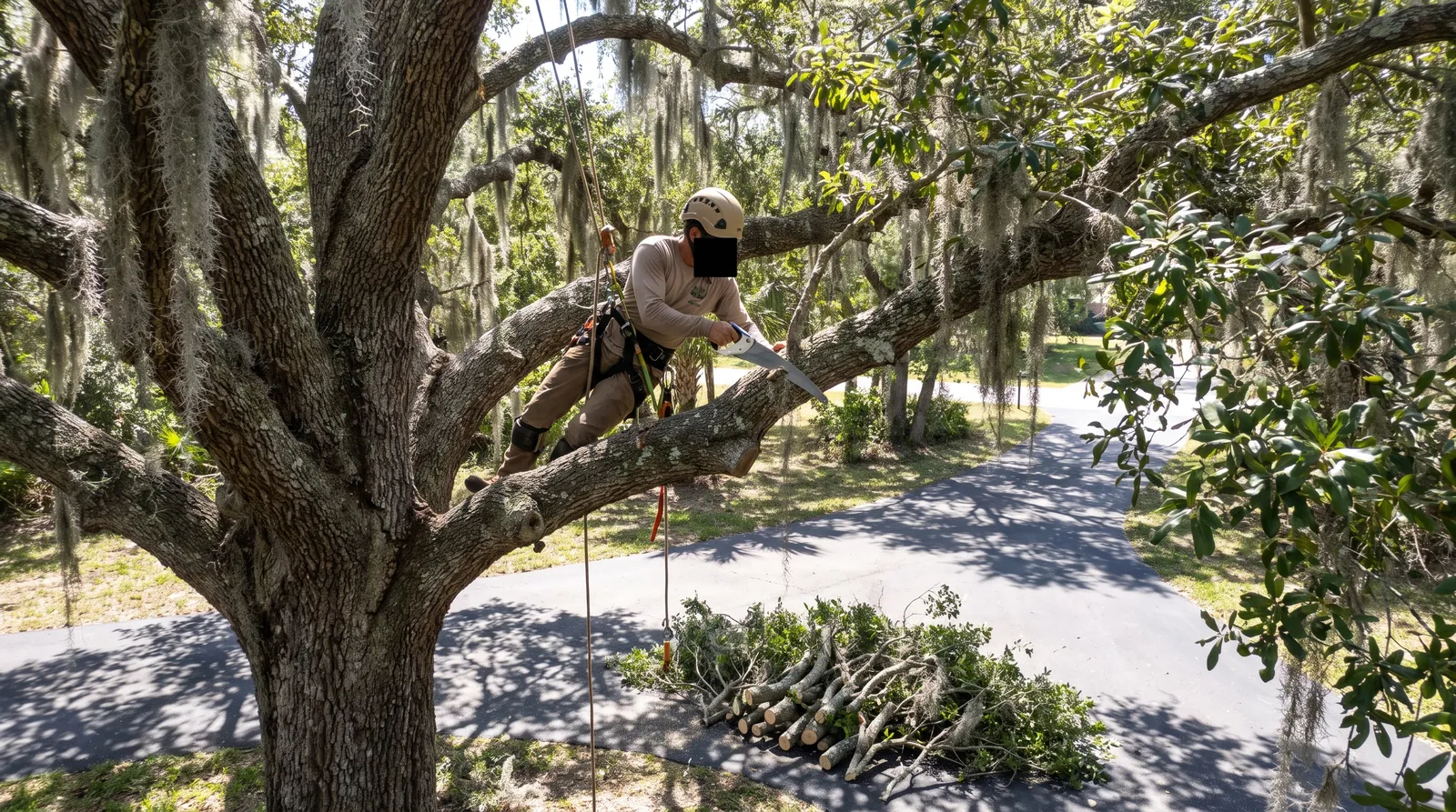 Arborist in a harness pruning a mature live oak with Spanish moss over a driveway