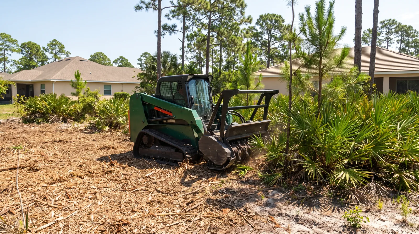 Tracked mulcher clearing palmetto and pine on a residential lot in Palm Coast