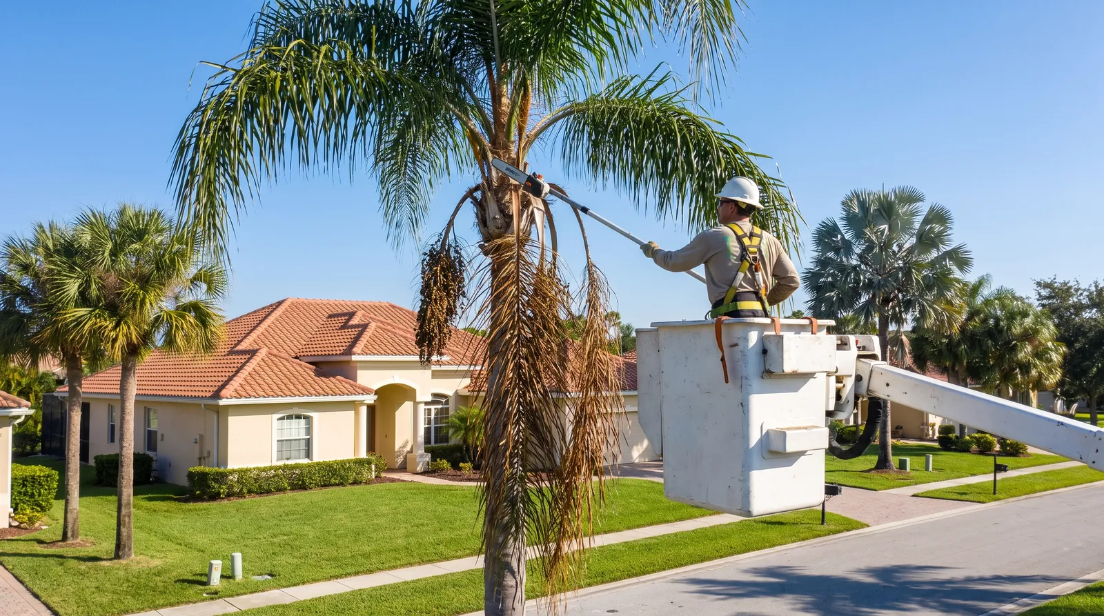 Tree worker trimming a queen palm from a bucket truck in front of a tile-roof home