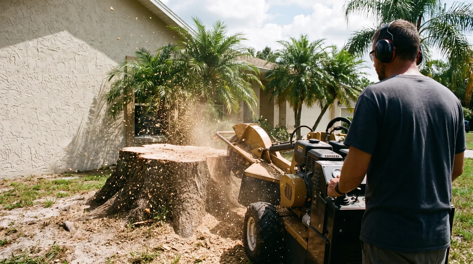 Stump grinder removing a large oak stump in a Palm Coast front yard