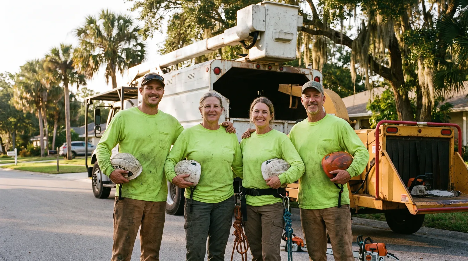 The Palm Coast Tree Co. crew in front of their bucket truck and chipper